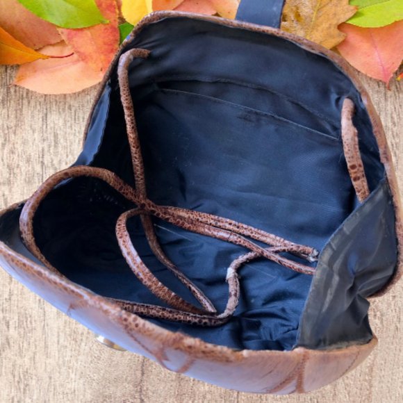 Vintage Handbag Hard Case Shell Brown Patchwork Leather Cross Body Purse flaws - Picture 10 of 13